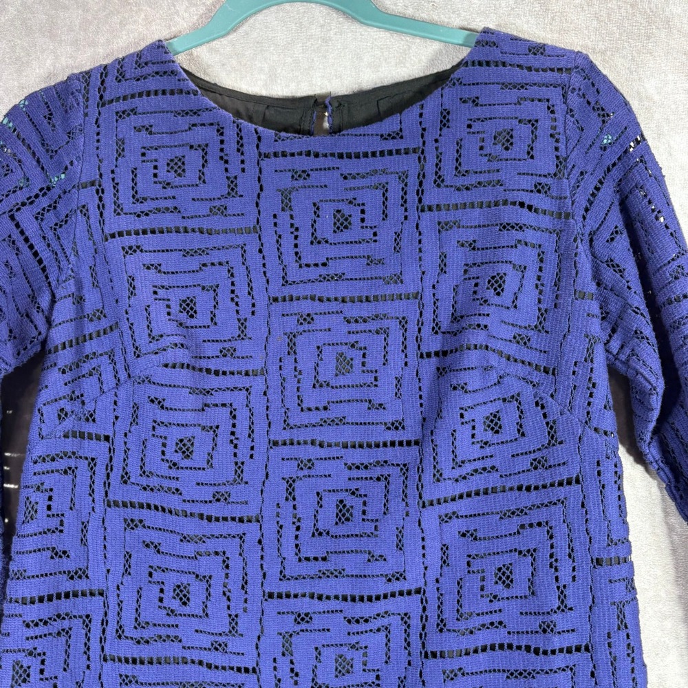 Shoshanna Dress Womens 2 Blue Geometric Lace Shift 3/4 Sleeve Career Office Mod‎ - Picture 2 of 8
